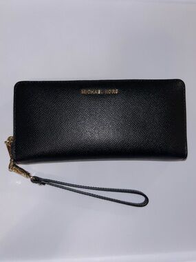 Michael Kors Black Leather Zip Wristlet with Gold Hardware